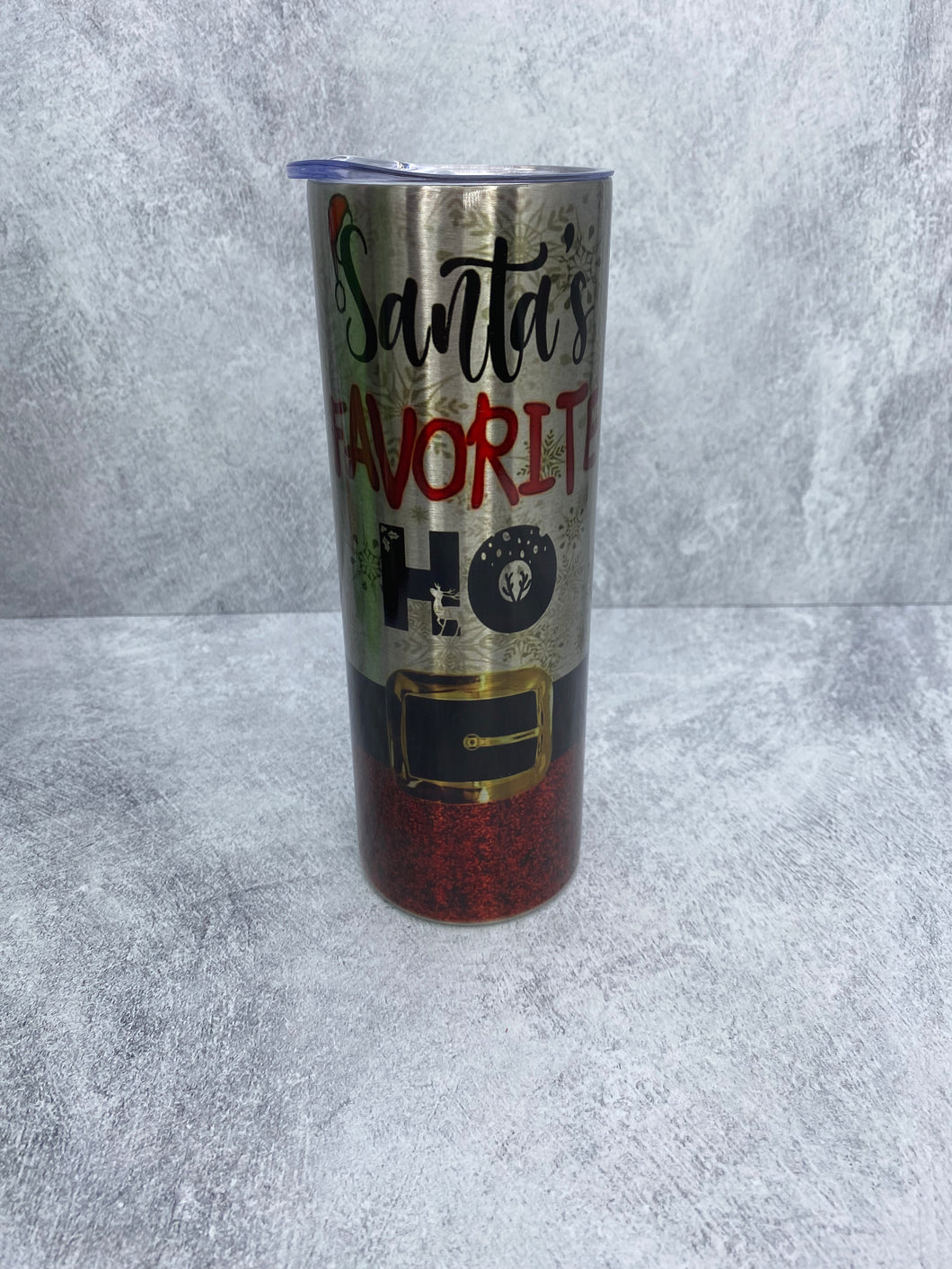 Santa's Favorite Ho - 20 oz  on SILVER Stainless Steel Skinny Tumbler with straw.