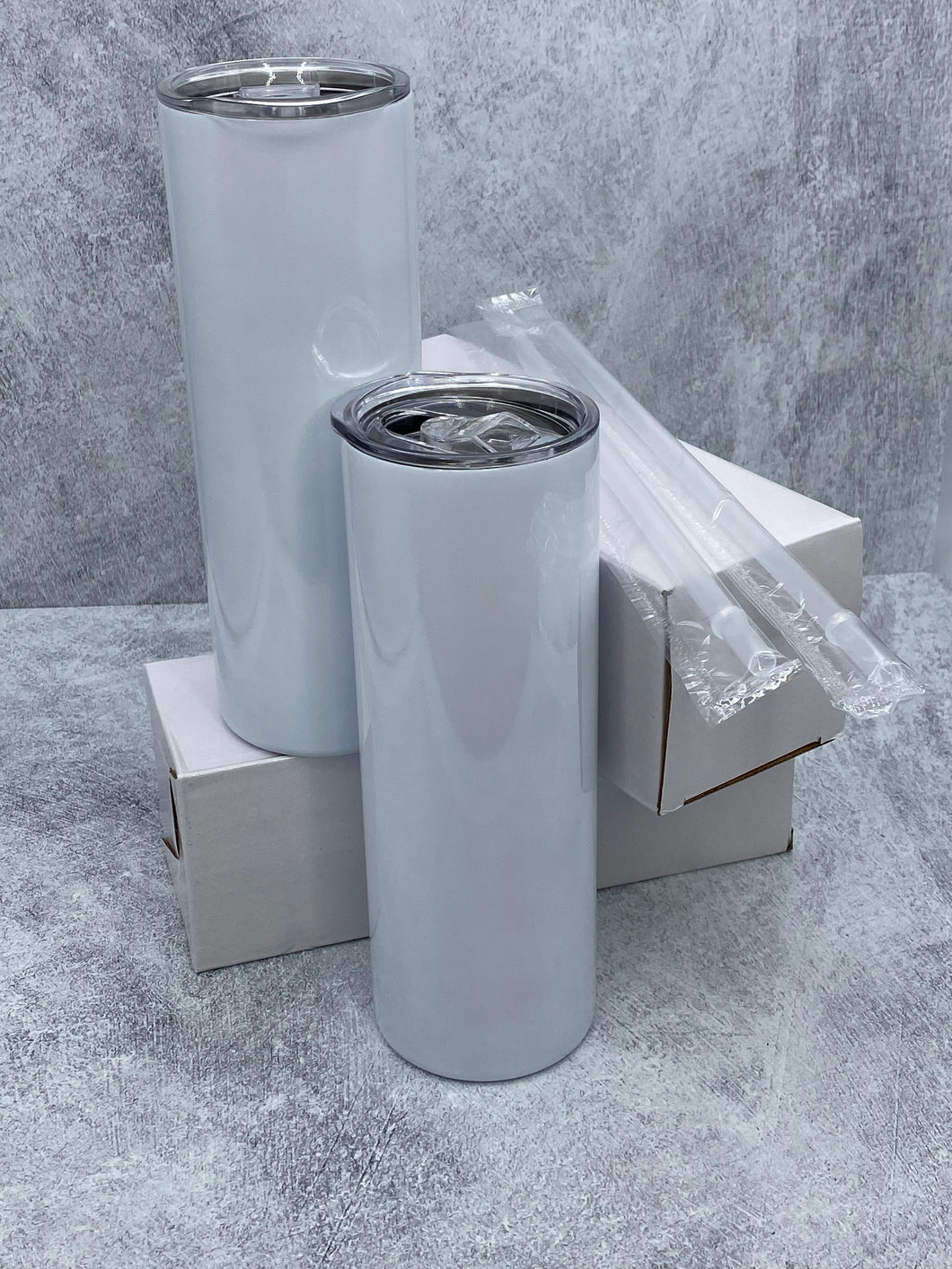 (Set of 2) - 20 oz BLANK SUBLIMATION SKINNY STAINLESS STEEL TUMBLER WITH LID AND PLASTIC STRAW.