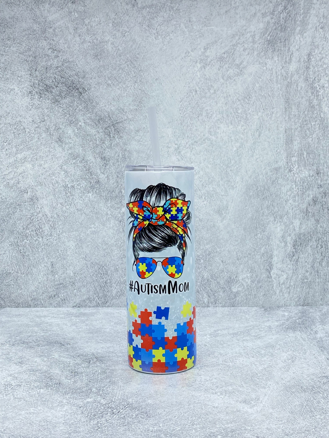 Autism Mom - 20 oz  Stainless Steel Skinny Tumbler with Lid and straw.