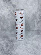 Load image into Gallery viewer, Valentine Kisses  - 20 oz. Stainless Steel Skinny Tumbler with lid and straw.
