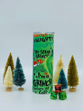Load image into Gallery viewer, Grinch Face 20 oz Stainless Steel Skinny Tumbler withlid and straw.
