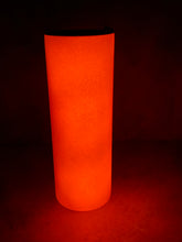 Load image into Gallery viewer, RED/ORANGE GLOW IN THE DARK 20 oz BLANK SUBLIMATION SKINNY STAINLESS STEEL TUMBLER WITH LID AND PLASTIC STRAW.
