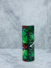 Load image into Gallery viewer, Grinch Barbed Wire 20 oz Stainless Steel Skinny Tumbler with lid and straw.
