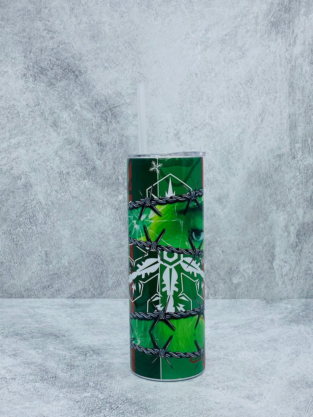 Grinch Barbed Wire 20 oz Stainless Steel Skinny Tumbler with lid and straw.