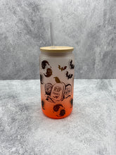 Load image into Gallery viewer, Halloween  - Bats and Ghosts on Orange 16 oz Beer Can Glass with Bamboo Lid and Straw
