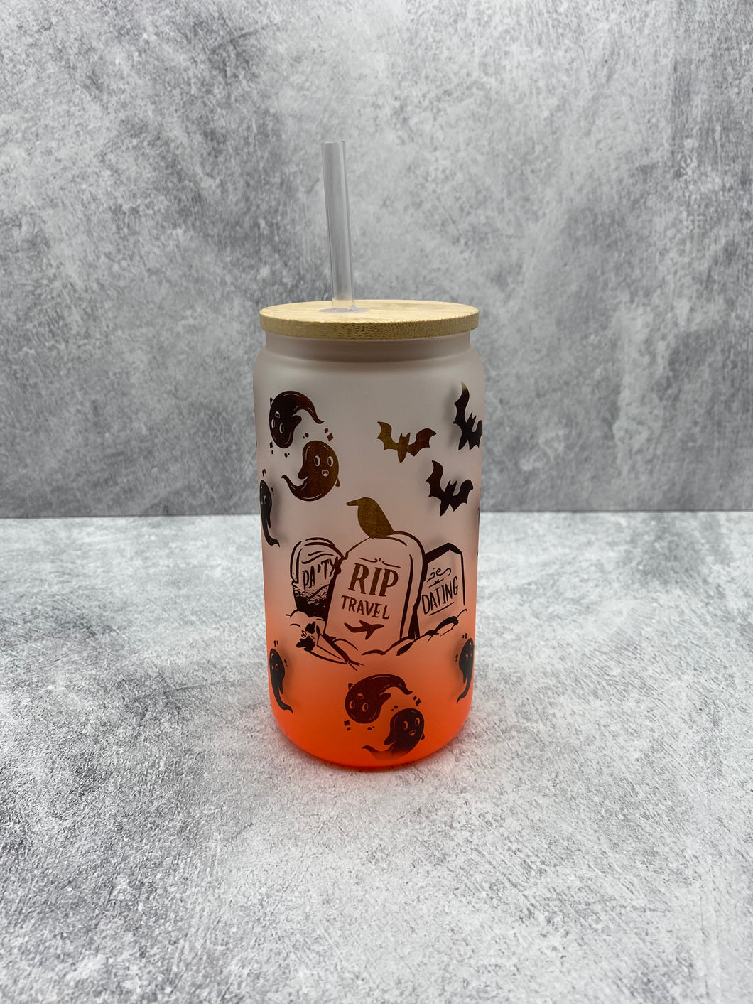 Halloween  - Bats and Ghosts on Orange 16 oz Beer Can Glass with Bamboo Lid and Straw