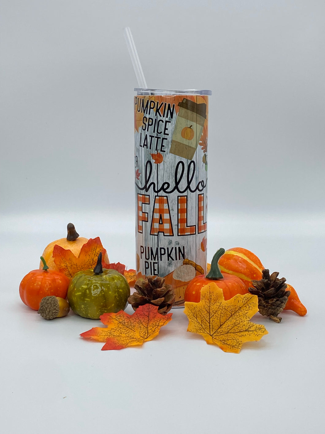 Hello Fall (Style #2) 20 oz  Stainless Steel Skinny Tumbler with Lid and straw.