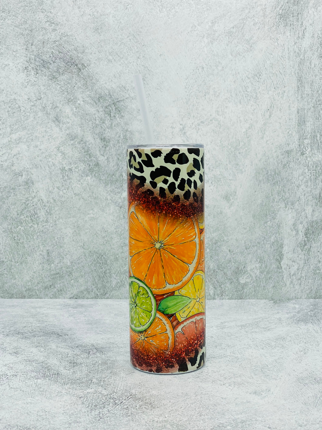 Lemon And Leopard - 20 oz Stainless Steel Skinny Tumbler with lid and straw.