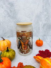 Load image into Gallery viewer, Halloween 3 scary faces 16 oz Beer Can Glass with Bamboo Lid and Straw
