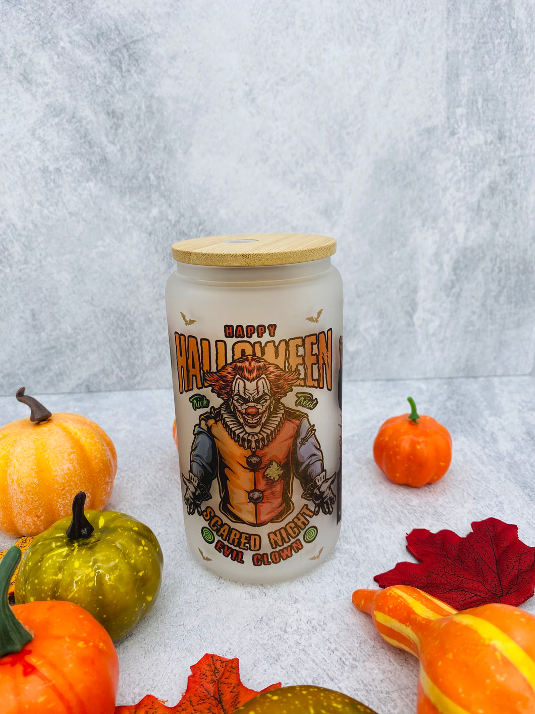 Halloween 3 scary faces 16 oz Beer Can Glass with Bamboo Lid and Straw
