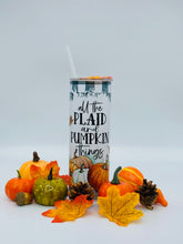 Load image into Gallery viewer, All the plaid and pumpkins and things 20 oz Stainless Steel Skinny Tumbler with lid and straw.
