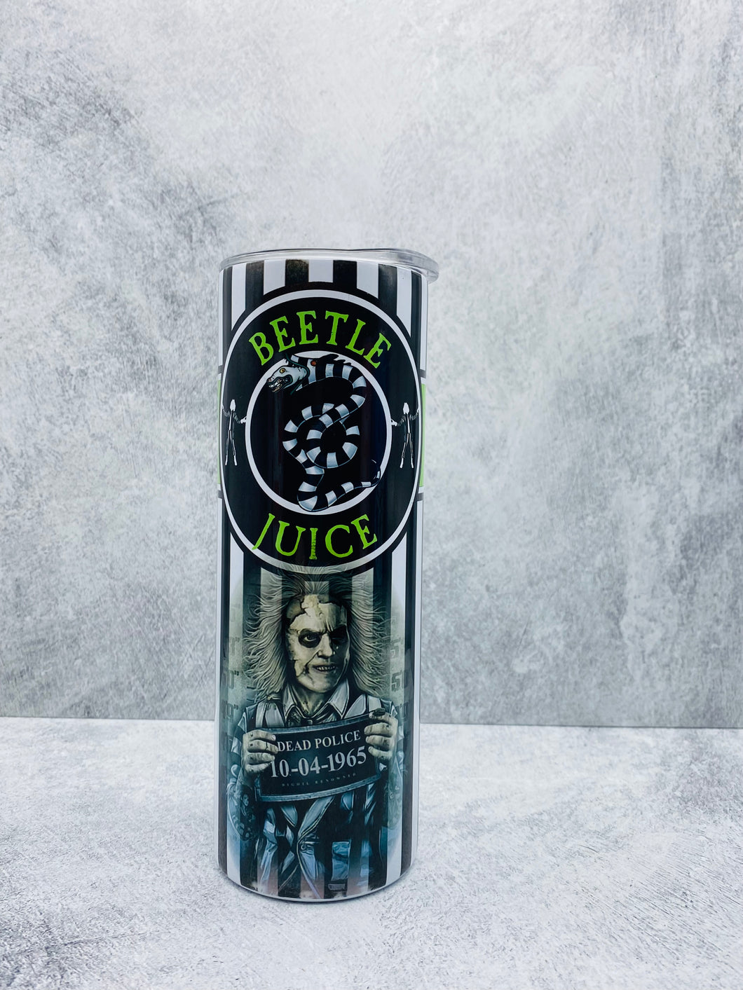 Beetle Juice (Style #1)  - 20 oz. Stainless Steel Skinny Tumbler with lid and straw.