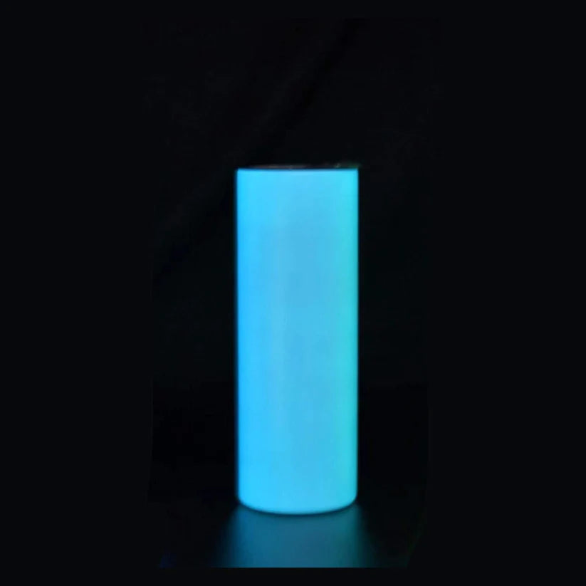 BLUE GLOW IN THE DARK 20 oz BLANK SUBLIMATION SKINNY STAINLESS STEEL TUMBLER WITH LID AND PLASTIC STRAW.